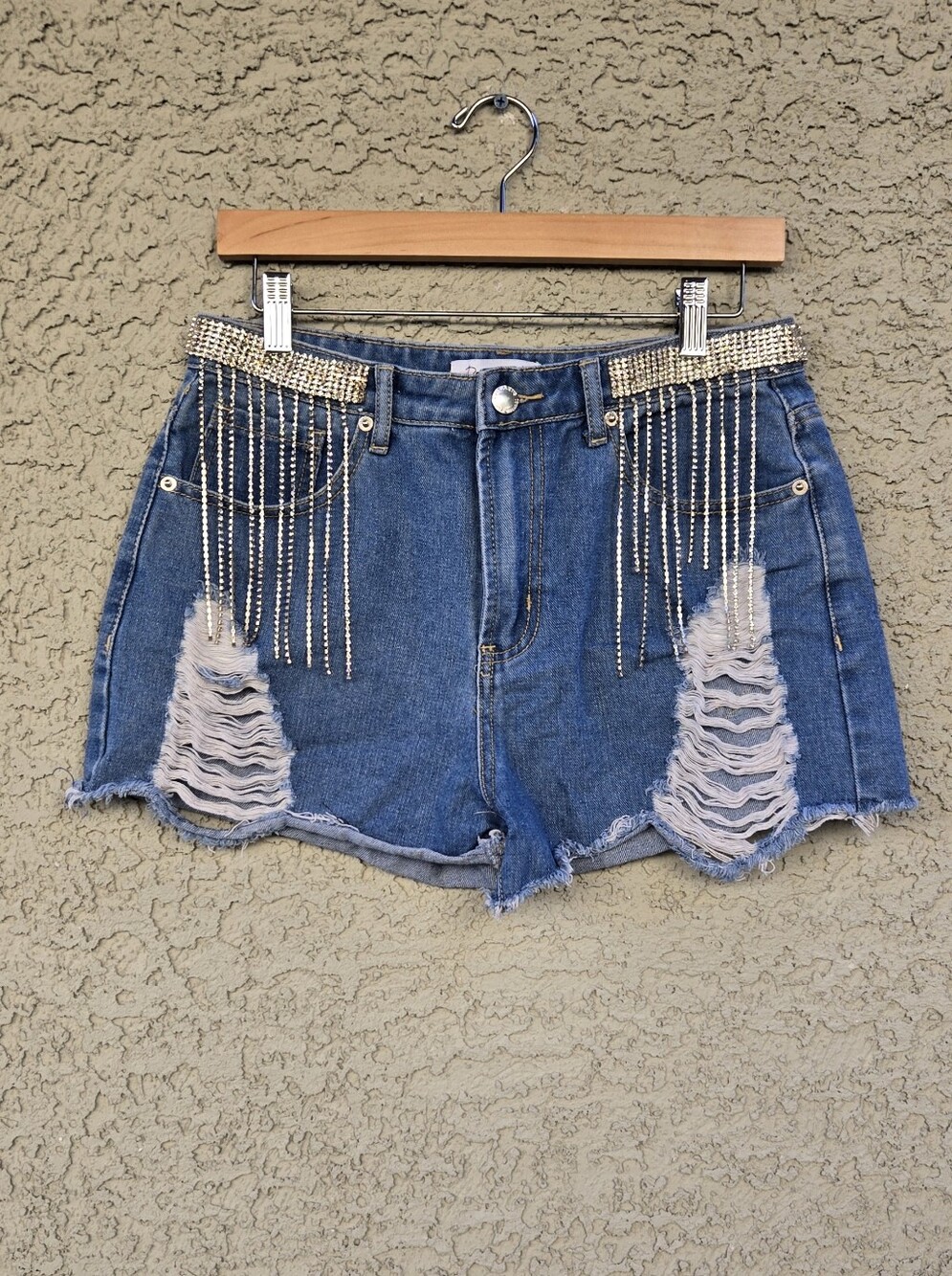 Denim Blvd Embellished Distressed Denim Shorts - Blue